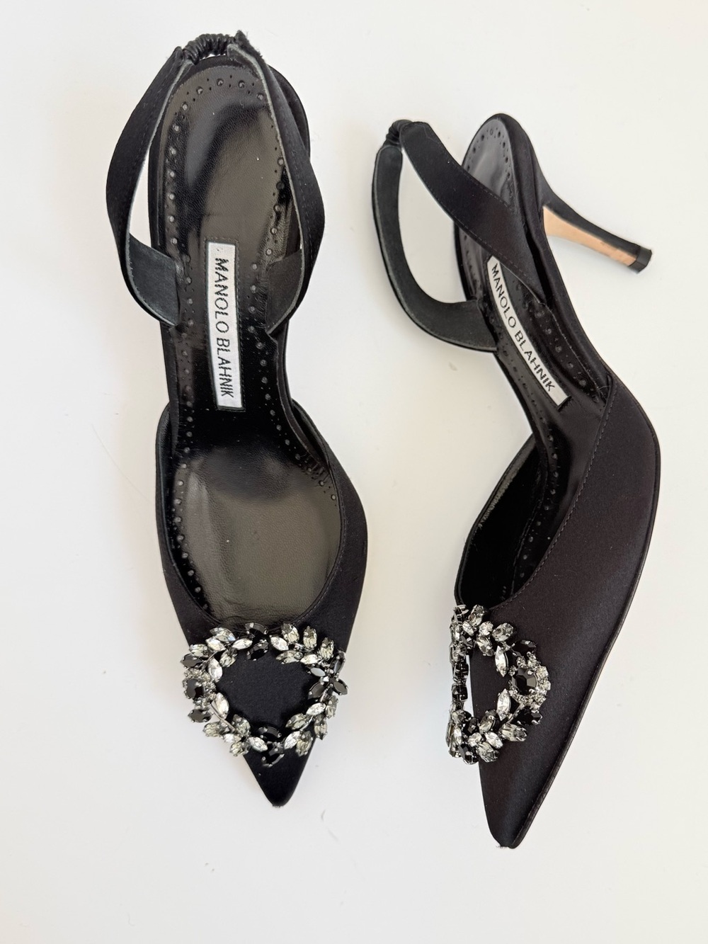 Manolo Blahnik Leona 70 Black Satin Crystal Buckle Slingback Pumps EU 37 US 7